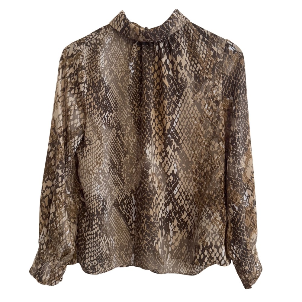 H&M Women's Size 6 Snakeskin Print Blouse Long Sleeve High Neck Brown